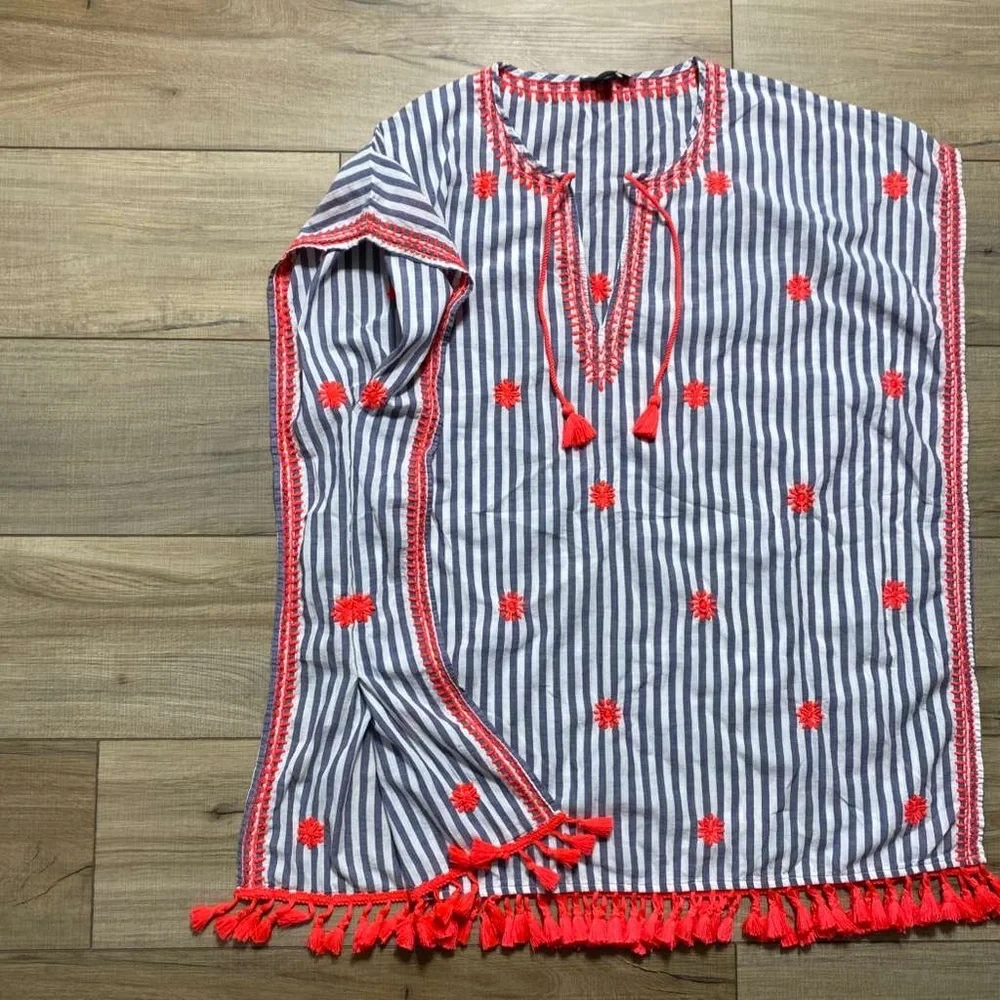 J. Crew Womens Striped Embroidered‎ Beach Tunic Size Small White Blue Coral